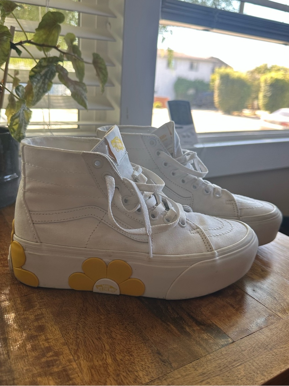 Vans White High-Top Platform Sneakers with Yellow Daisy Flower Accents